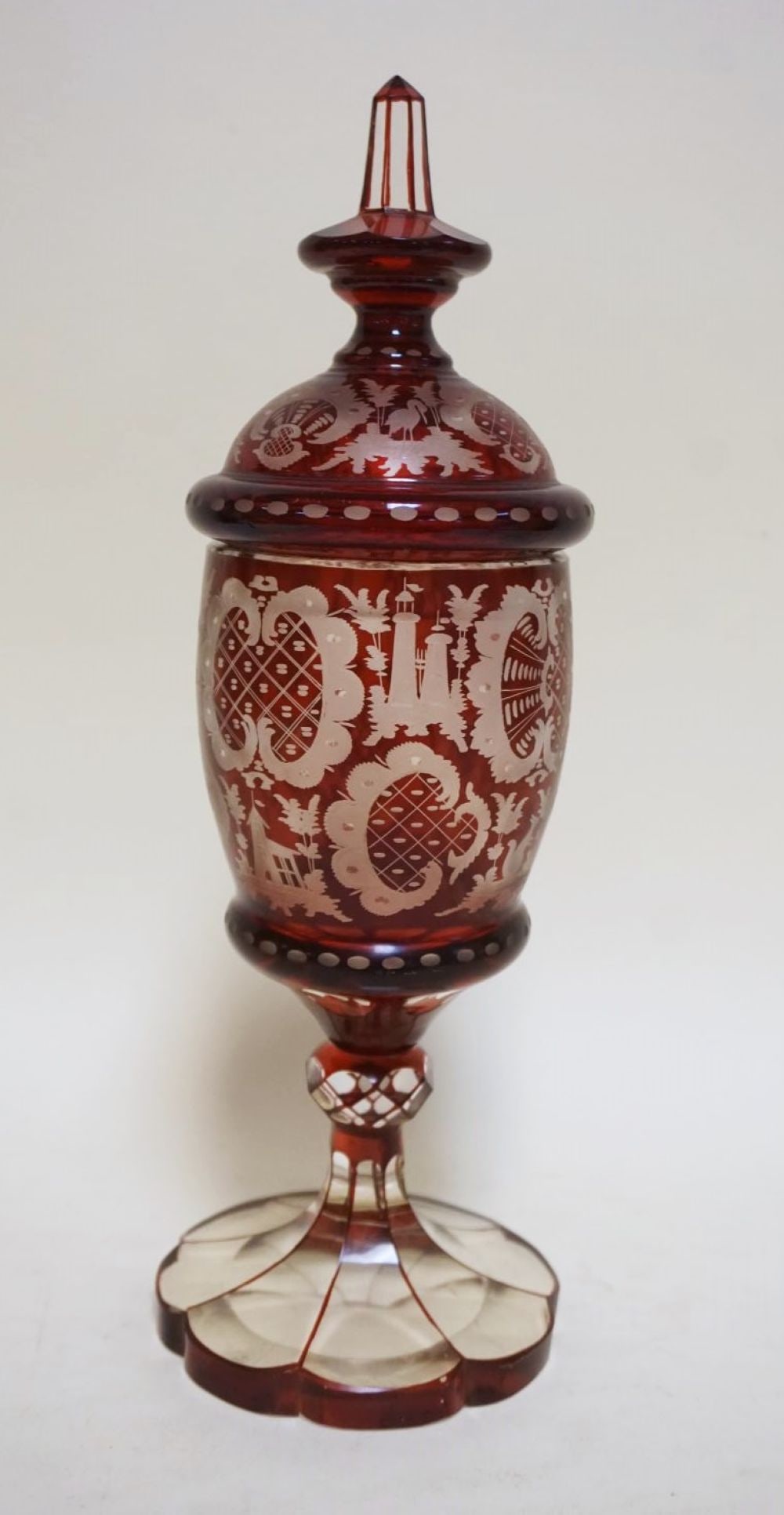BOHEMIAN RUBY GLASS CUT TO CLEAR COVERED URN (1 of 5)