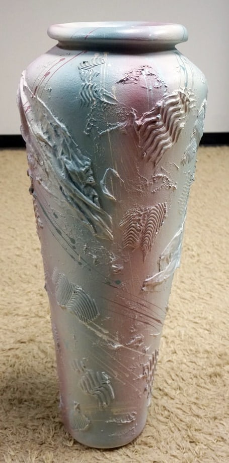 LARGE ARTIST SIGNED FLOOR URN: LARGE ARTIST SIGNED FLOOR URN W/PASTEL COLORS & APPLIED DECOUPAGE, APPROXIMATELY 36 IN HIGH