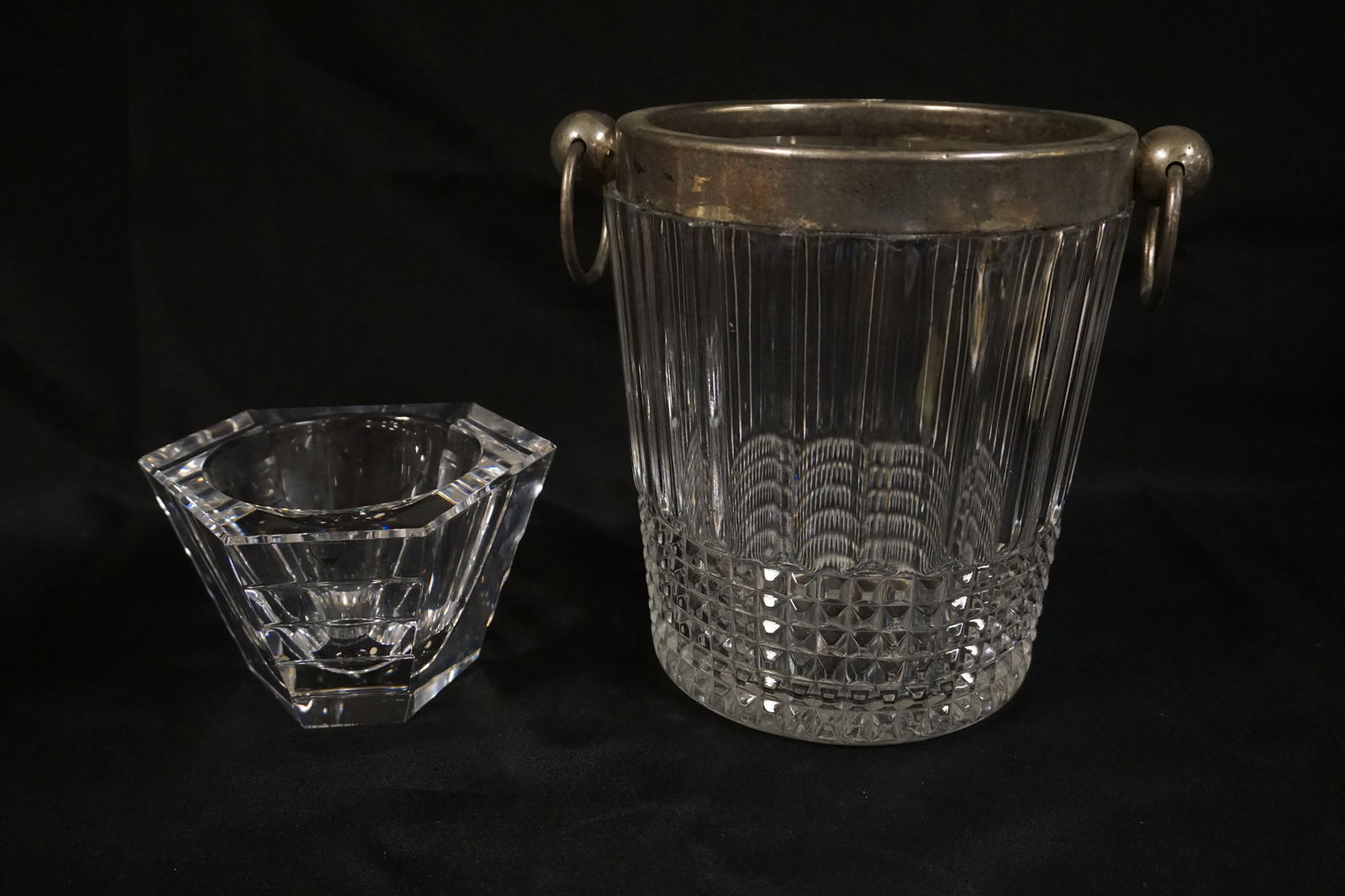 LARGE GLASS ICE BUCKET: LARGE GLASS ICE BUCKET WITH SILVER PLATE RIM, APPROXIMATELY 9 IN H AND ORREFORS GLASS BOWL, APPROXIMATELY 3 3/4 IN H