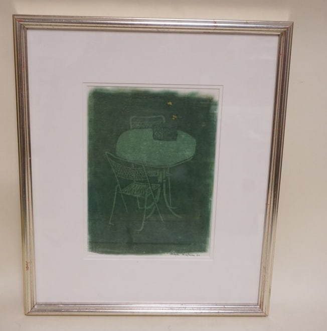 JOSEPH SOLMAN PRINT: JOSEPH SOLMAN FRAMED PRINT *TABLE AND CHAIRS* 1980, APPROXIMATELY 20 IN X 23 IN OVERALL