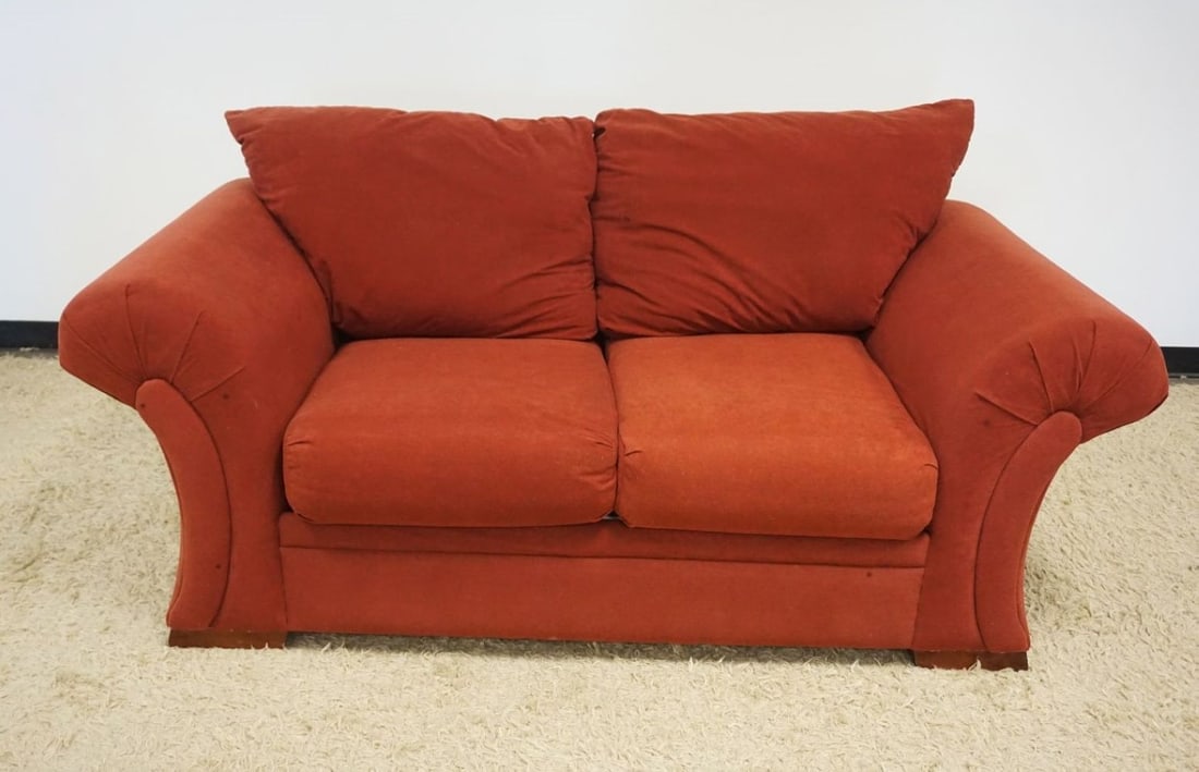 KLAUSSNER UPHOLSTERED SETTEE: KLAUSSNER UPHOLSTERED SETTEE, APPROXIMATELY 73 IN X 37 IN X 35 IN H