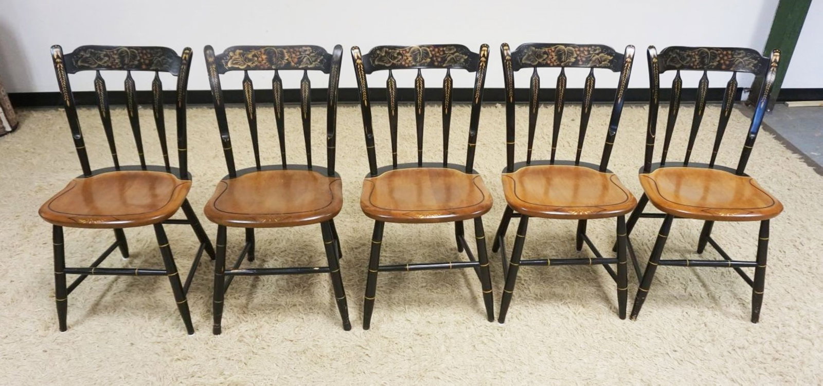 5 HITCHCOCK PAINT DECORATED CHAIRS: SET OF 5 HITCHCOCK PAINT DECORATED CHAIRS