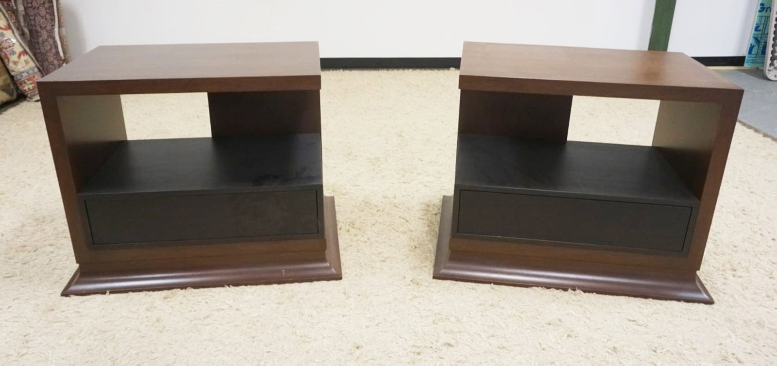 PAIR OF MODERN STYLE STANDS: PAIR OF MEDERN STYLE STANDS WITH DRAWERS AT BASE, EACH APPROXIMATELY 34 IN X 24 IN X 27 IN H