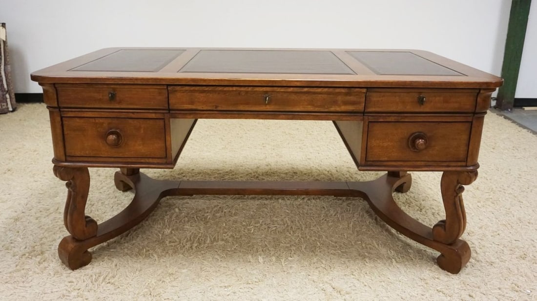 WALNUT DESK: WALNUT 5 DRWER DESK WITH 3 PART LEATHER INSET TOP, APPROXIMATELY 65 IN X 35 IN X 30 IN H