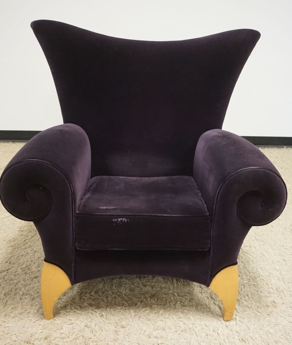 GOODMAN CHARLTON MODERN VELVET ARM CHAIR: GOODMAN CHARLTON MODERN VELVET UPHOLSTERED FAN BACK SCROLLED ARM CHAIR, SOME WEAR TO CUSHION, APPROXIMATELY 44 IN X 33 IN X 43 IN H