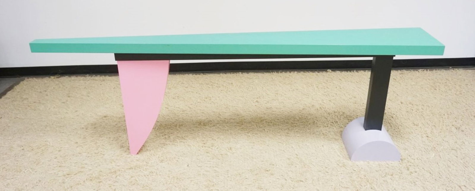 MODERN STYLE GEOMETRIC TABLE: MODERN STYLE PASTEL PAINT DECORATED GEOMETRIC TABLE, APPROXIMATELY 90 IN X 14 IN X 31 IN H
