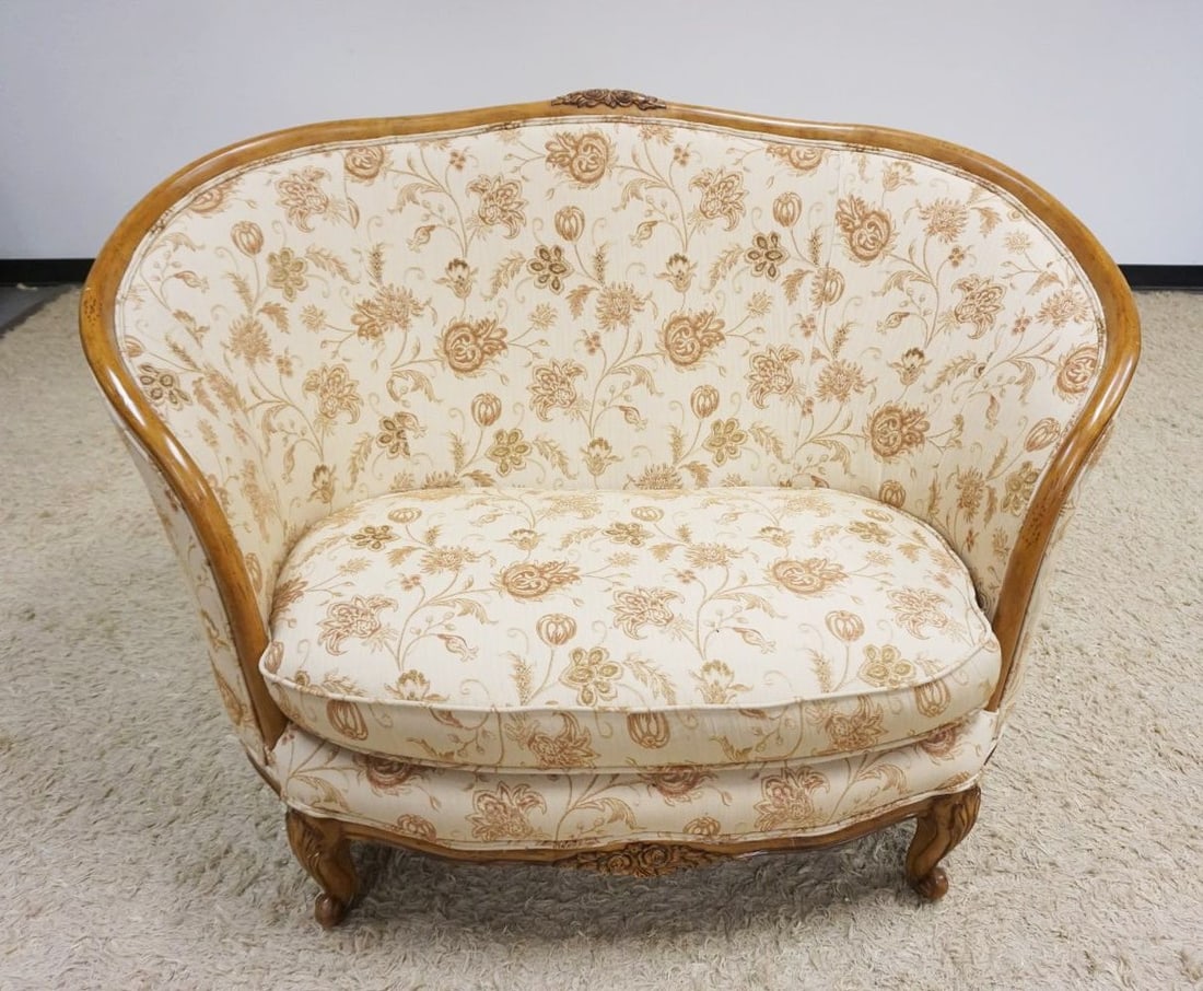 FRENCH PROVINCIAL CURVED BACK UPHOLSTERED SETTEE (1 of 5)