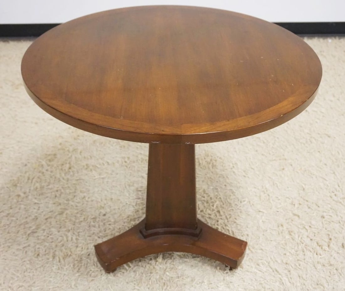 CHERRY ROUND LAMP TABLE: CHERRY ROUND LAMP TABLE, SOME LOSS TO VENEER, APPROXIMATELY 30 IN X 28 IN H