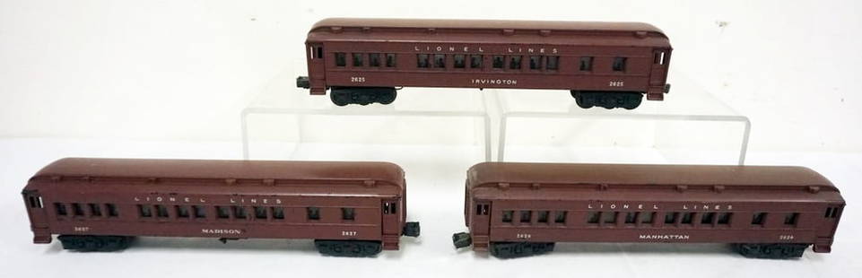 LIONEL TRAIN O GAUGE: LIONEL O GAUGE 3 TRAIN CARS, #2625 IRVINGTON, #2627 MADISON, #2628 MANHATTAN