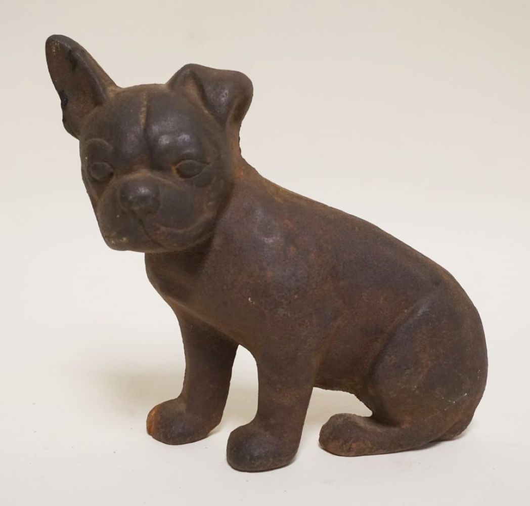 ANTIQUE CAST IRON BOSTON TERRIER DOG DOOR STOP: ANTIQUE CAST IRON BOSTON TERRIER DOG DOOR STOP, APPROXIMATELY 7 IN X 8 IN HIGH