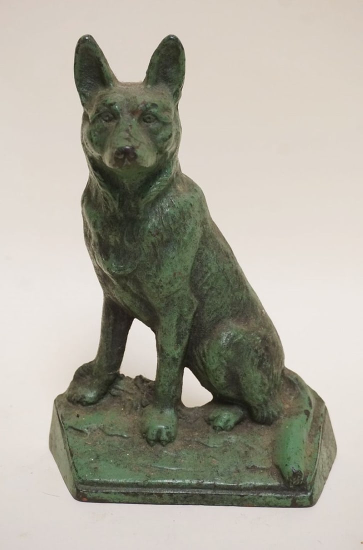 ANTIQUE CAST IRON SHEPHERD DOG DOOR STOP: ANTIQUE CAST IRON SHEPHERD DOG DOOR STOP, APPROXIMATELY 7 IN X 9 1/2 IN HIGH