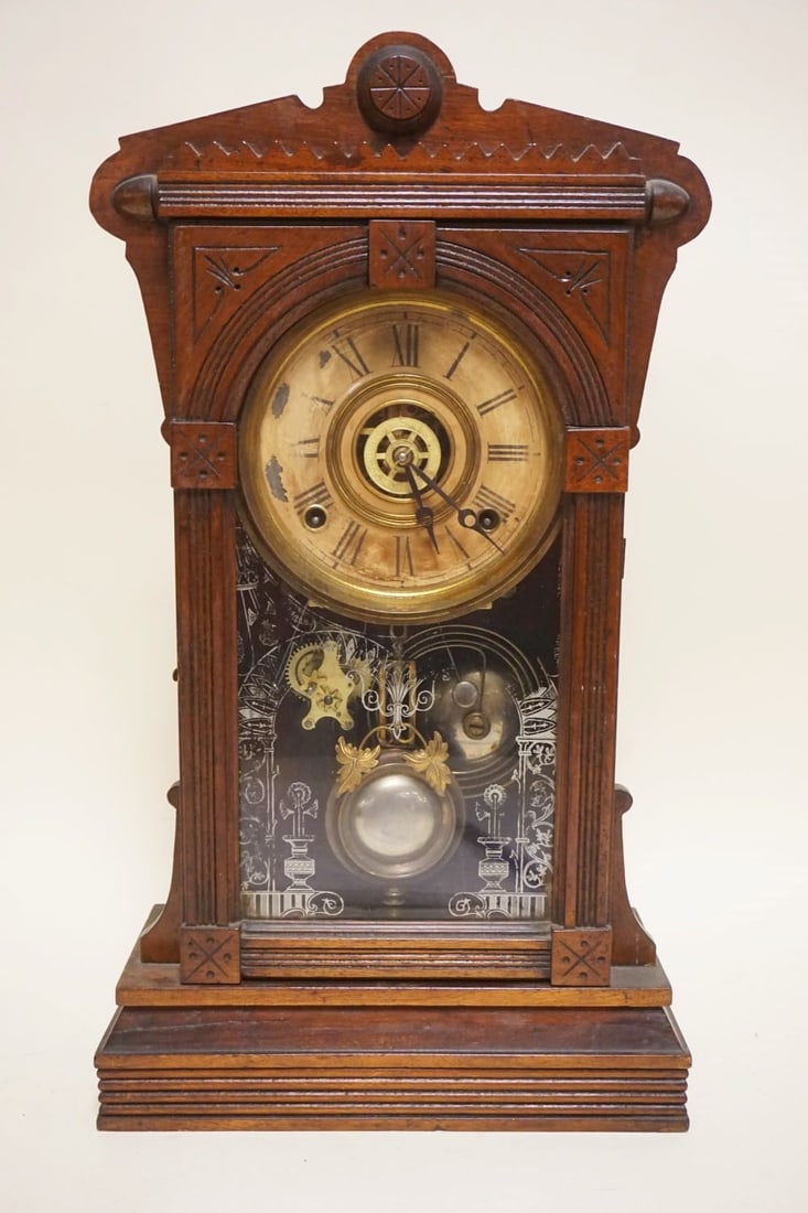 ANTIQUE WALNUT VICTORIAN GILBERT SHELF CLOCK (1 of 3)
