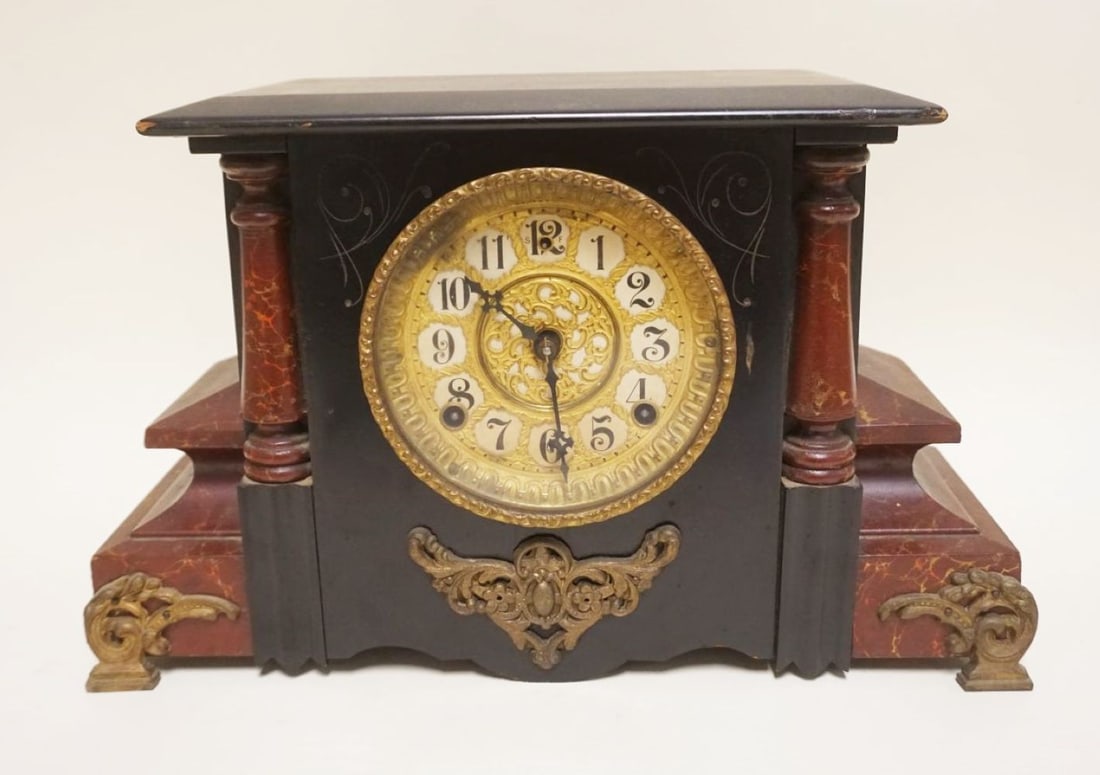 ANTIQUE GILBERT FAUX MARBLE MANTLE CLOCK (1 of 3)