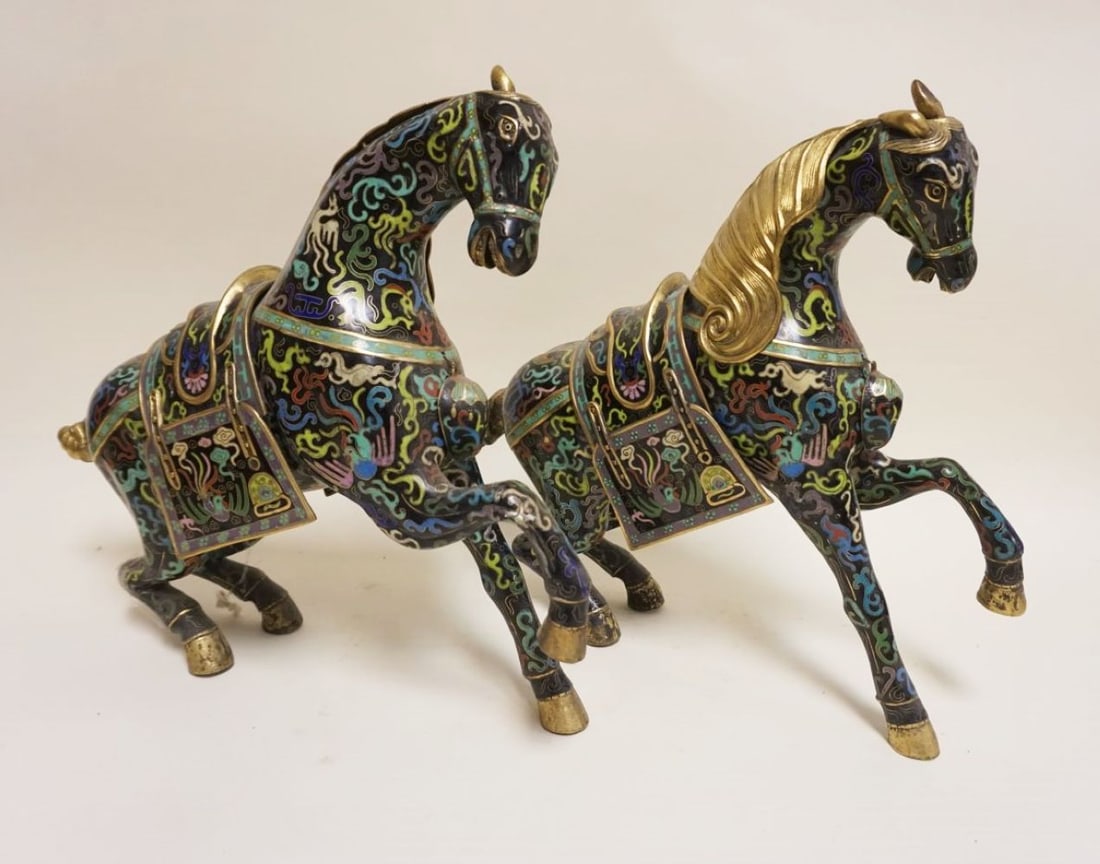 PAIR OF LARGE CHINESE CLOISONNE PRANCING HORSES (1 of 10)