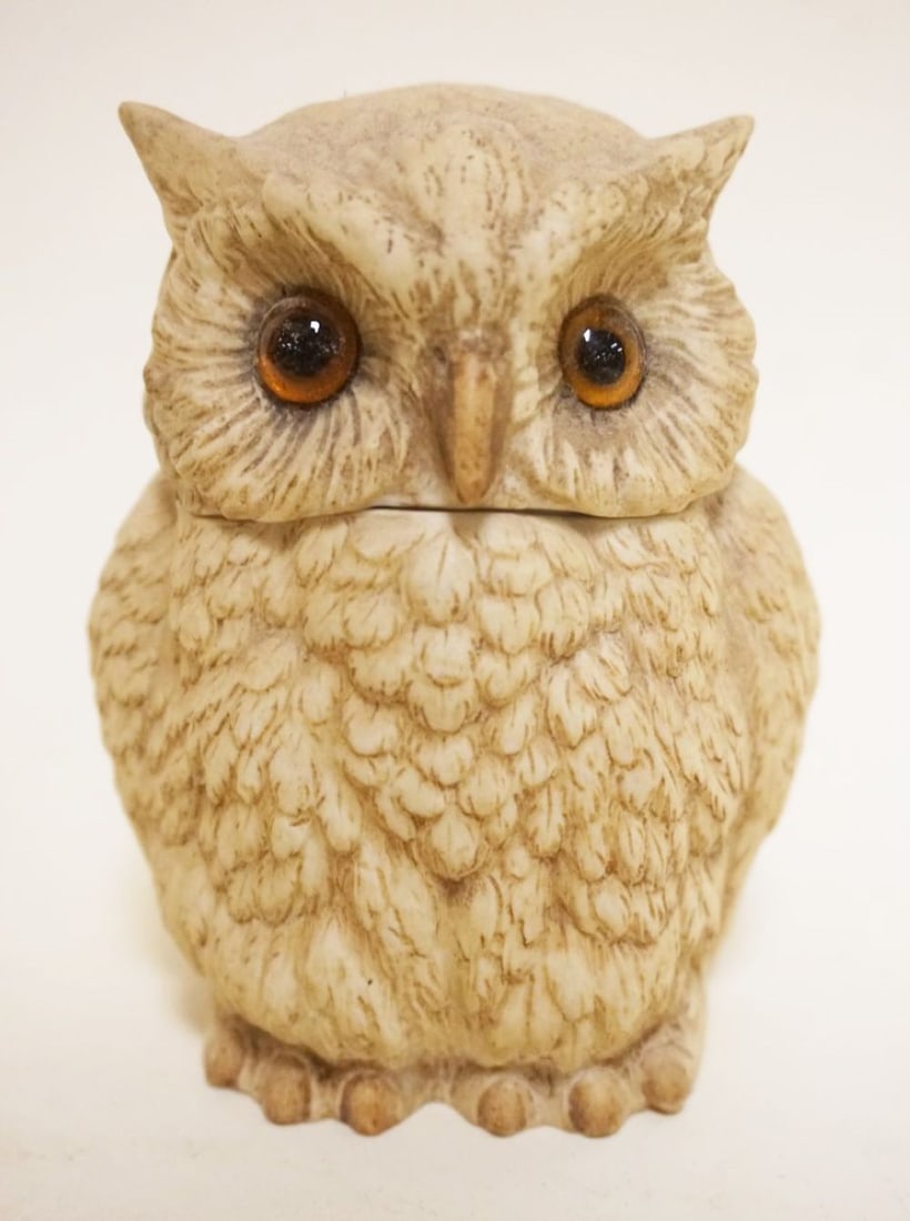 BISQUE OWL COVERED JAR: BISQUE OWL COVERED JAR W/GLASS EYES, APPROXIMATELY 5 IN HIGH