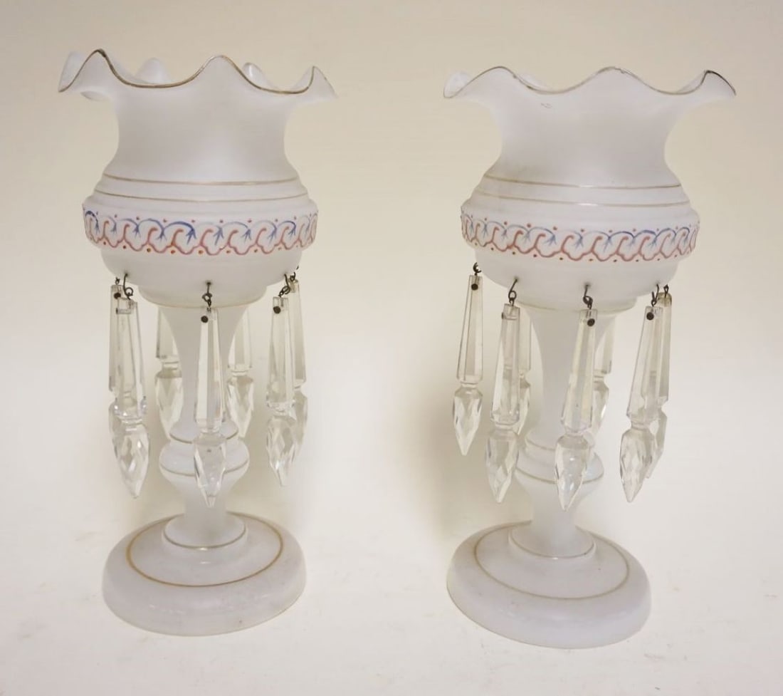 PAIR OF MINIATURE VICTORIAN SATIN GLASS LUSTERS: PAIR OF MINIATURE VICTORIAN SATIN GLASS LUSTERS, APPROXIMATELY 10 IN HIGH