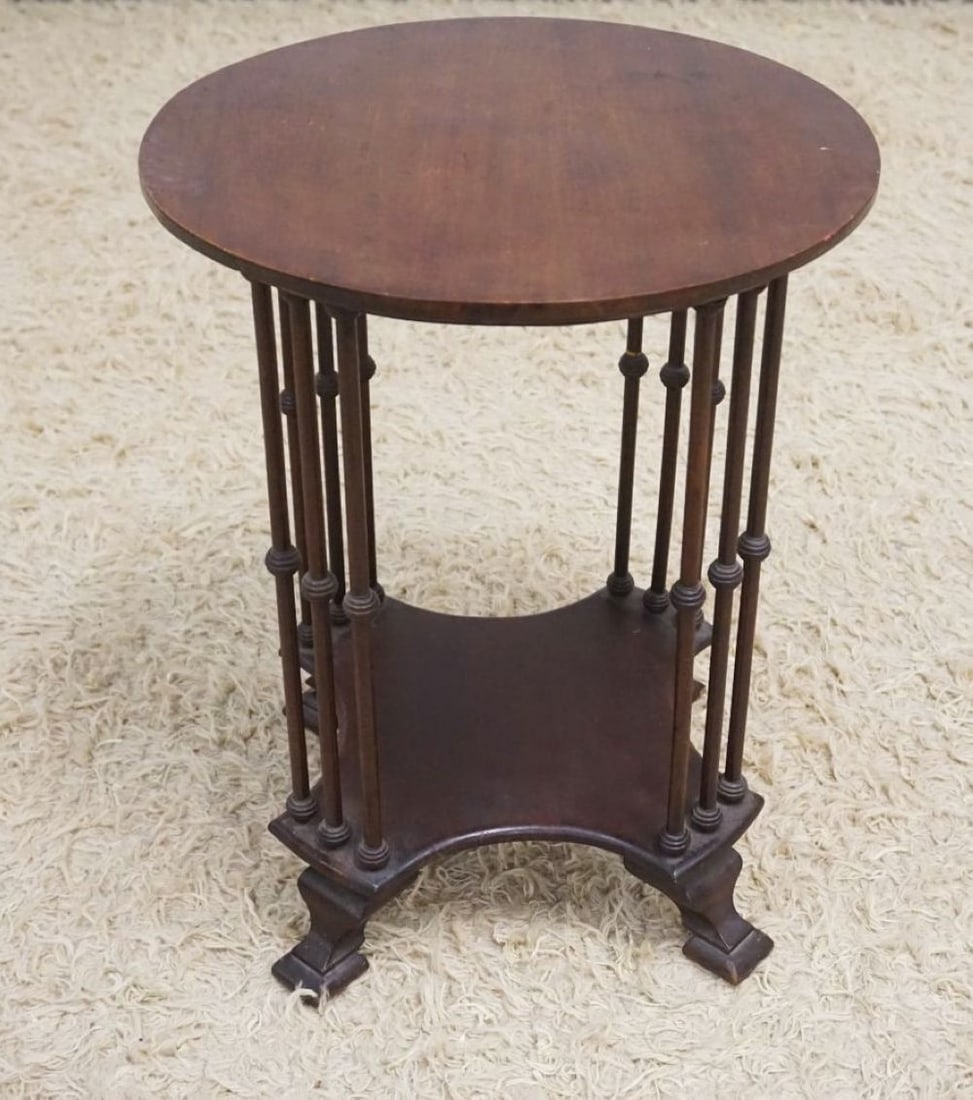 DIMINUTIVE VICTORIAN MAHOGANY ROUND STAND: DIMINUTIVE VICTORIAN MAHOGANY ROUND STAND, STICK & BALL, APPROXIMATELY 15 IN X 19 IN HIGH