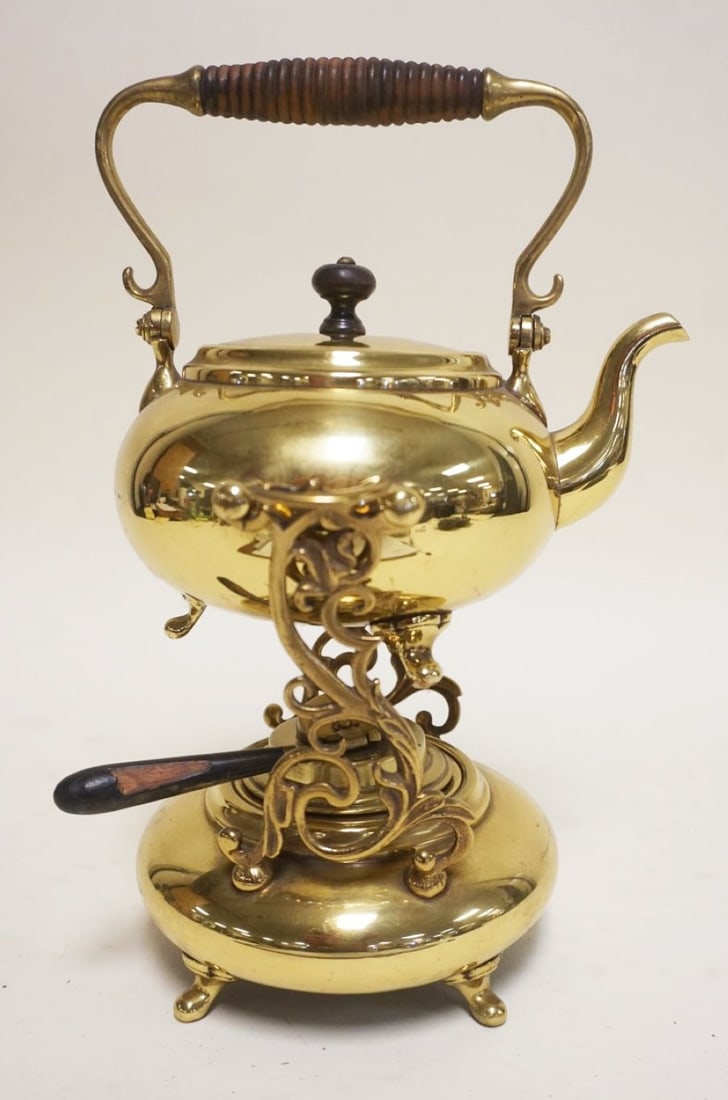 ELEGANT BRASS TILTING TEA POT: ELEGANT BRASS TILTING TEA POT WITH WARMER, MADE BY S. STEINA CO., APPROXIMATELY 10 IN H