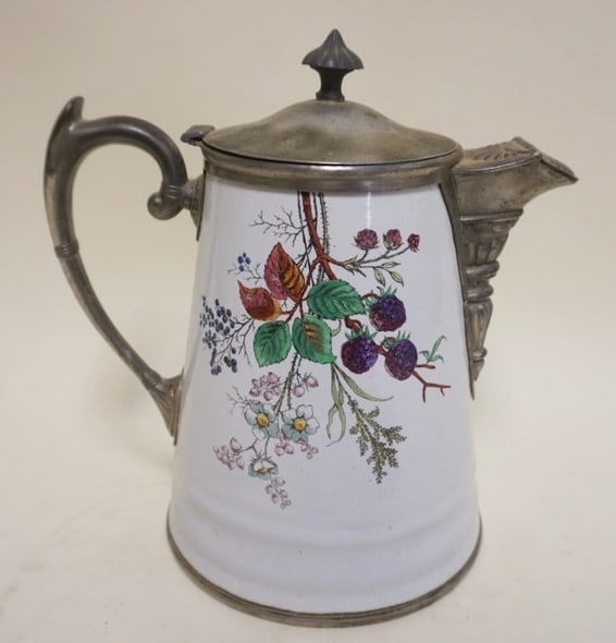 ANTIQUE ENAMEL TEAPOT: ANTIQUE ENAMELED DECORATED TEA POT, APPROXIMATELY 11 IN H