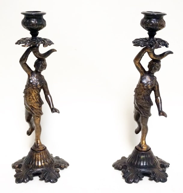 PR OF ANTIQUE FIGURAL CAST METAL CANDLESTICKS (1 of 3)