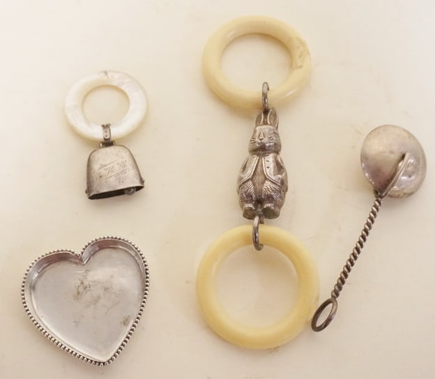 STERLING SILVER CHILDS RATTLES AND DISH (1 of 2)