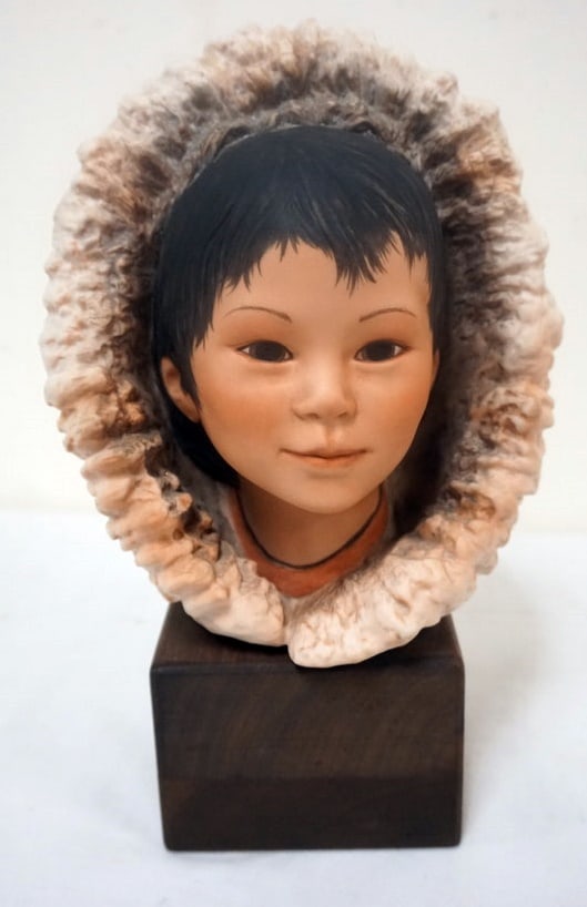 CYBIS ESKIMO GIRLBUST: CYBIS ESKIMO GIRL BUST MOUNTED ON WOOD, APPROXIMATELY 10 IN