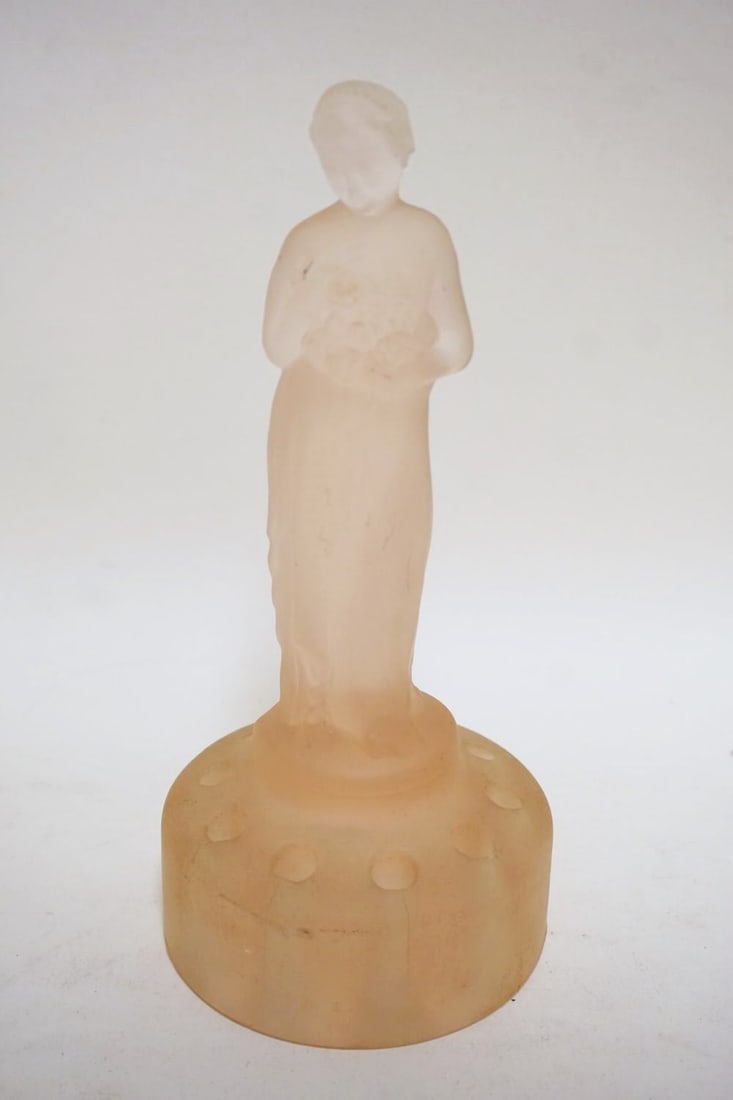 PINK SATIN GLASS FLOWER FROG: PINK SATIN GLASS FLOWER FROG, NUDE WOMAN, APPROXIMATELY 8 1/2 IN