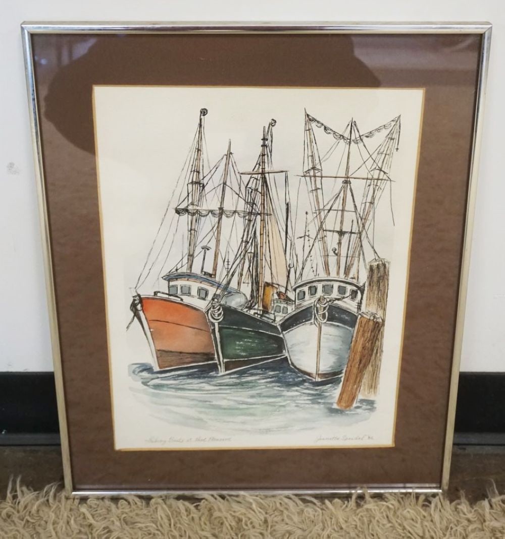 WATERCOLOR *FISHING BOATS AT POINT PLEASANT*: WATERCOLOR *FISHING BOATS AT POINT PLEASANT* SIGNED JEANETTE SPEIDEL '82, APPROXIMATELY 17 IN X 21 IN OVERALL