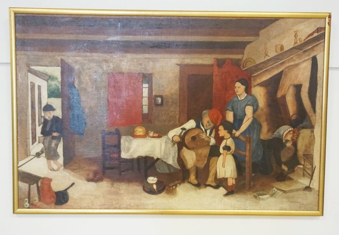 CONTINETAL OIL PAINTING ON CANVAS: CONTINETAL OIL PAINTING ON CANVAS ELDERLY MAN REPAIRING MUSICAL INSTRUMENT W/ON LOOKING FAMILY MEMBER & POSSIBLE CULPRIT, APPROXIMATELY 30 IN X 46 IN