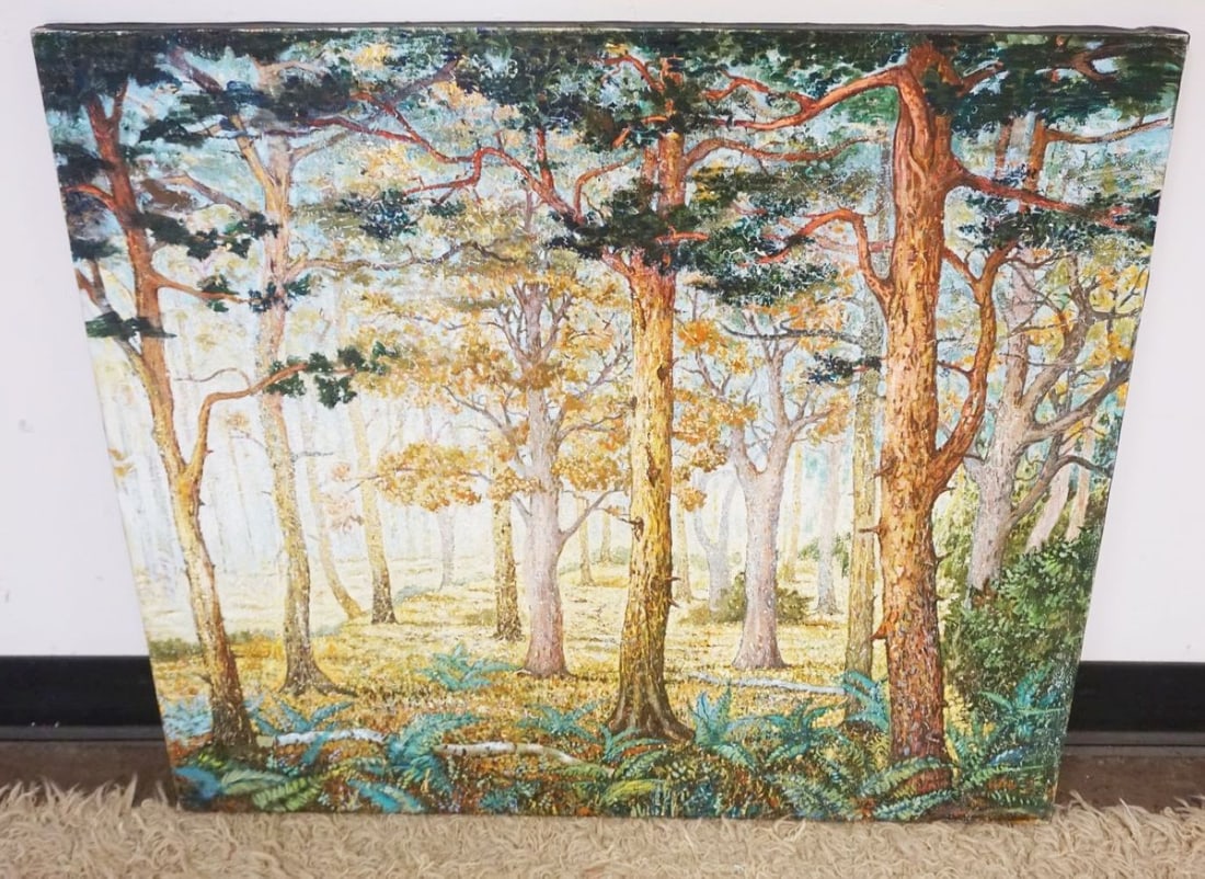 ARTIST SIGNED TEXTURED OIL PAINTING: ARTIST SIGNED TEXTURED OIL PAINTING ON CANVAS OF FORREST, APPROXIMATELY 28 IN X 32 IN
