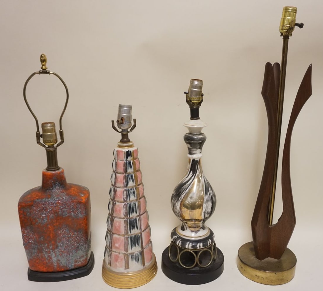 ASSORTED MCM TABLE LAMPS: ASSORTED MIDCENTURY MODERN TABLE LAMPS, SOME WITHOUT HARPS, TALLEST APPROXIMATELY 28 IN