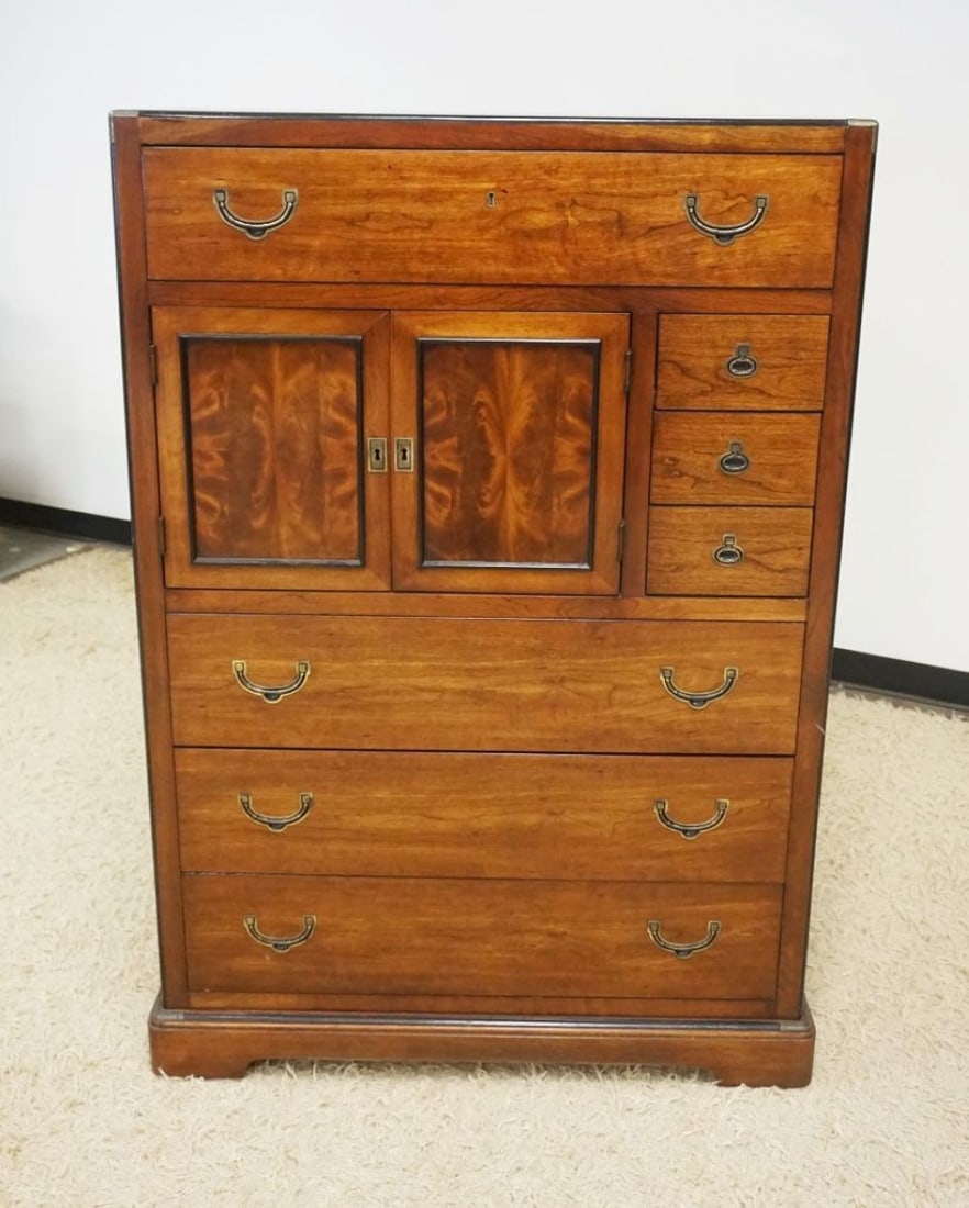 NATIONAL MT AIRY CAMPAGIN STYLE CHEST: NATIONAL MT AIRY CAMPAGIN DARK CHERRY BATCHELORS CHEST WITH BURLED PANELED DOORS, APPROXIMATELY 38 IN X 18 IN X 56 IN
