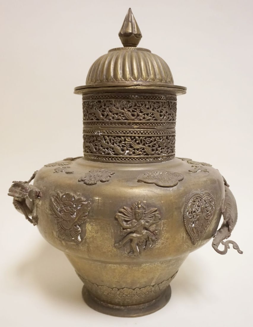 BRASS THAI COVERED URN: LARGE BRASS THAI COVERED URN WITH APPLIED DRAGONS, APPROXIMATELY 19 IN H