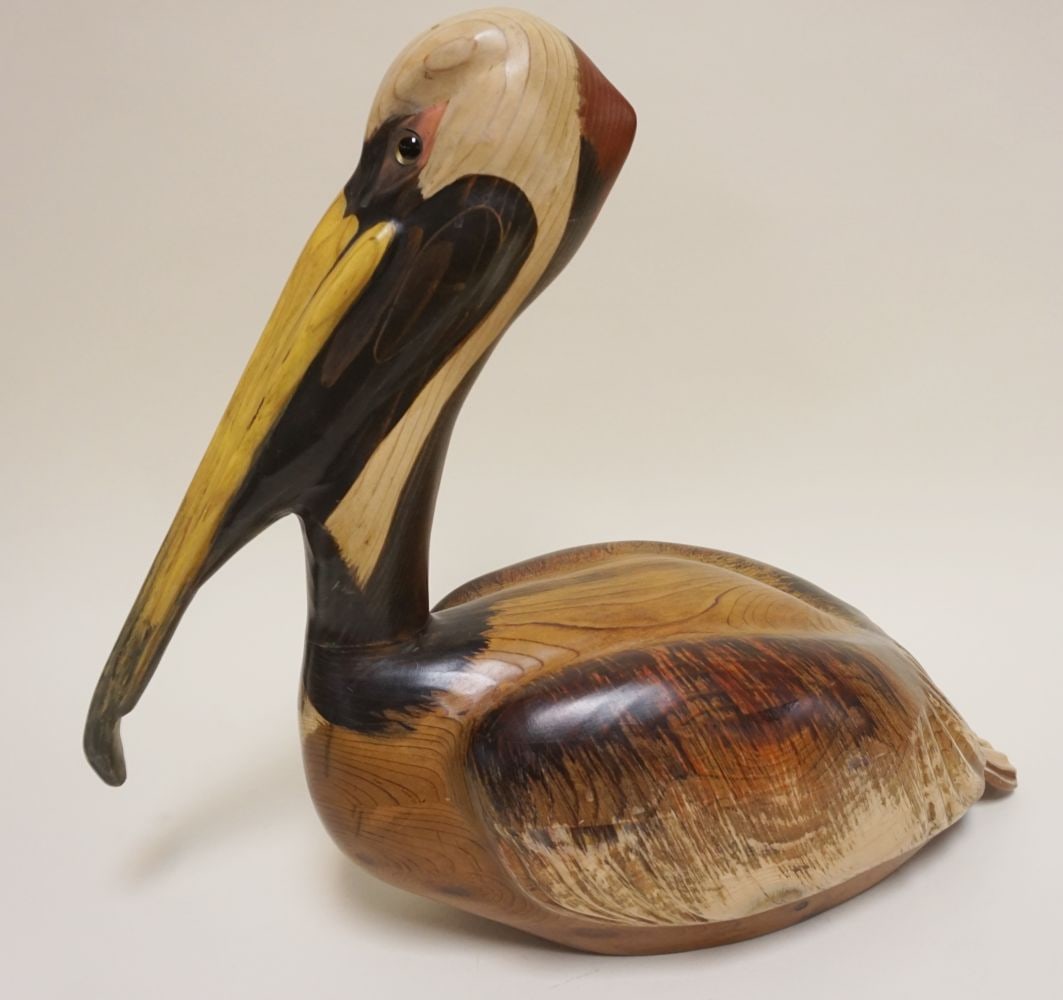 CARVED WOOD PELICAN SIGNED B H: LARGE CARVED WOOD PELICAN, SIGNED B H, APPROXIMATELY 23 IN X 10 IN X 18 IN H