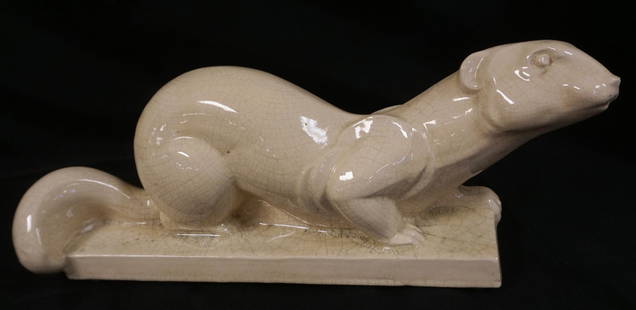 LOUIS FONTINELLE POTTERY FIGURE OF A WEASEL: LOUIS FONTINELLE GLAZED POTTERY FIGURE OF A WEASEL, APPROXIMATELY 17 IN X 4 IN X 6 1/2 IN H, SIGNED