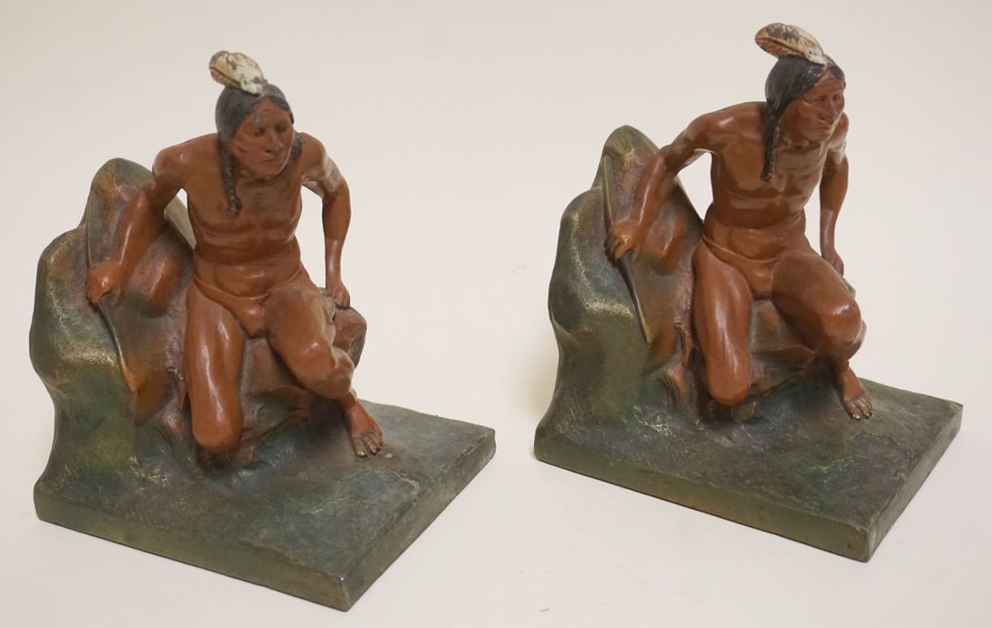 CAST METAL AMERICAN INDIAN BOOKENDS: CAST METAL AMERICAN INDIAN BOOKENS, EACH APPROXIMATELY 4 1/2 IN X 5 IN X 7 IN H