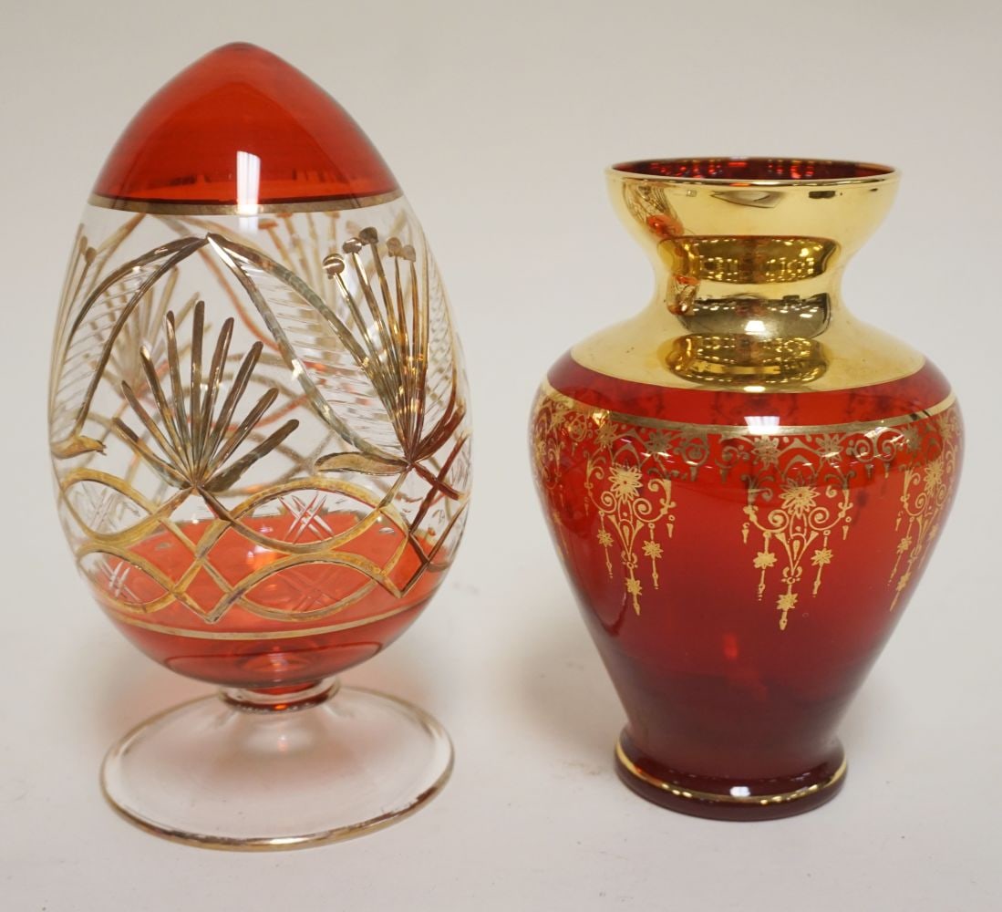 BOHEMIAN VASE AND EGG: BOHEMIAN GLASS RUBY CUT AND GOLD VASE AND EGG, TALLEST APPROXIMATELY 7 1/2 IN H