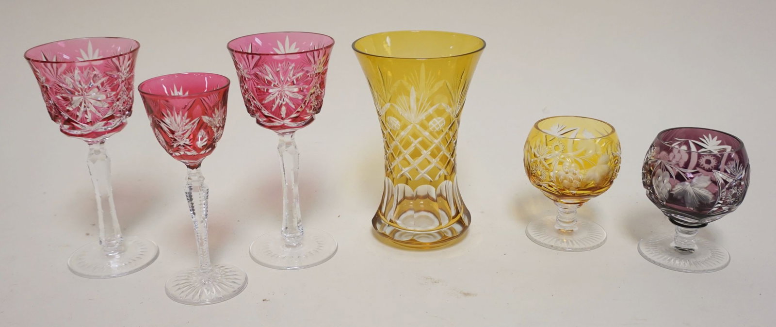 BOHEMIAN GLASS ASSORTMENT: BOHEMIAN GLASS 6 PC. ASSORTMENT INCLUDING WINE GLASSES AND VASE, TALLEST PC. APPROXIMATELY 5 1/2 IN H