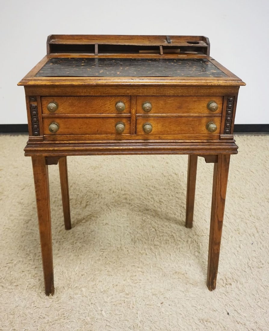 VICTORIAN 4 DRAWER STORE CLERKS DESK: VICTORIAN 4 DRAWER STORE CLERKS DESK W/FLIP TOP DESK LID & INKWELL RECEPTICAL, APPROXIMATELY 30 IN X 22 IN X 44 IN HIGH