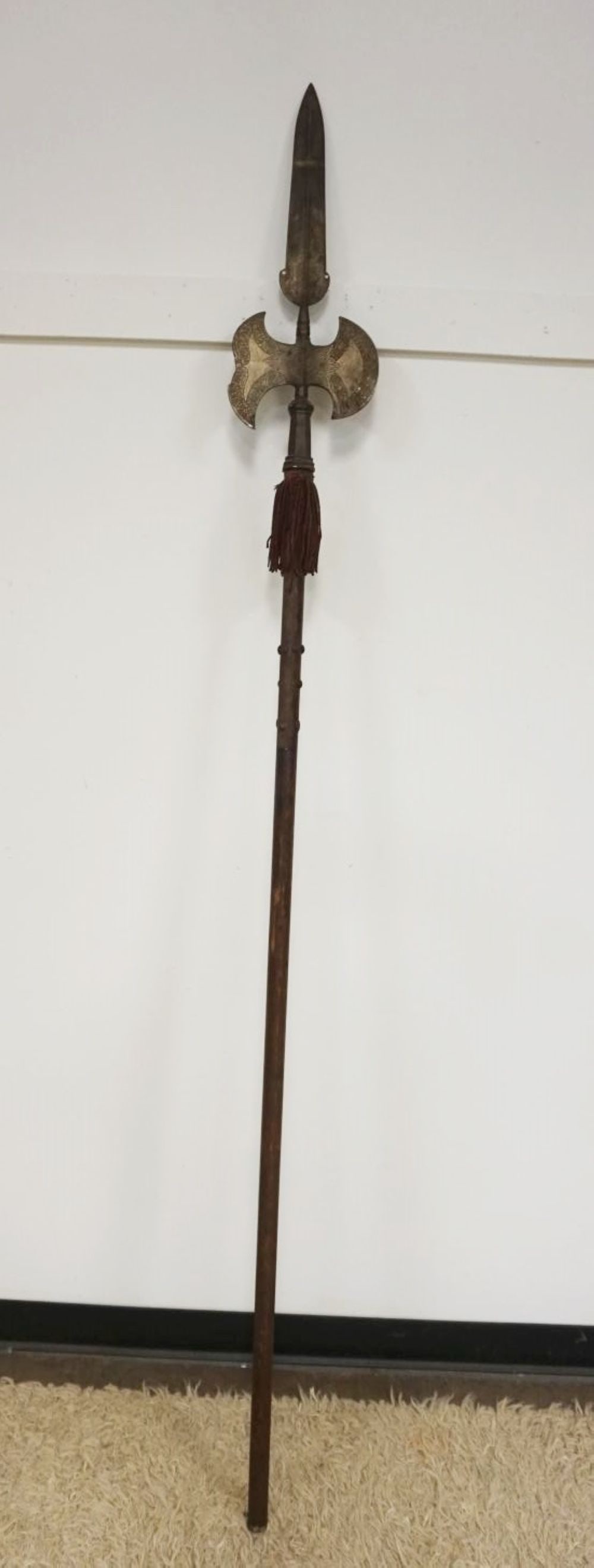 HALBERD ON WOOD HANDLE: HALBERD ON WOOD HANDLE, APPROXIMATELY 86 IN LONG