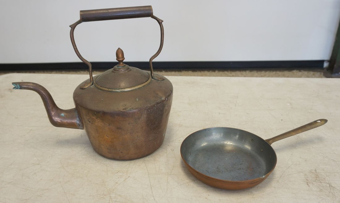 ANTIQUE COPPER AND BRASS TEA KETTLE AND PAN (1 of 3)