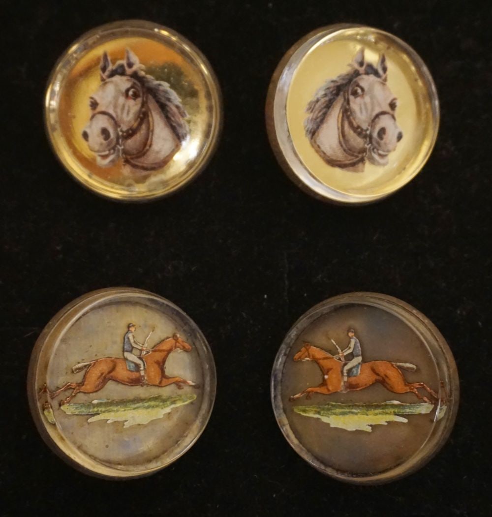 HORSE BRIDLE ROSETTES: HORSE BRIDLE ROSETTES, 2 PAIR, 4 TOTAL, LARGEST APPROXIMATELY 1 1/2 IN