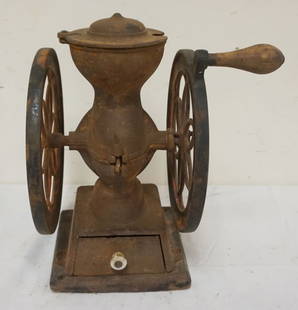 ANTIQUE MINIATURE COFFEE GRINDER: ANTIQUE MINIATURE 2 WHEEL COFFEE GRINDER LANDERS FRARY & CLARK COUNTY STORE COUNTER TOP COFFEE GRINDER, TOP CAST IRON CAP HAS LOSS