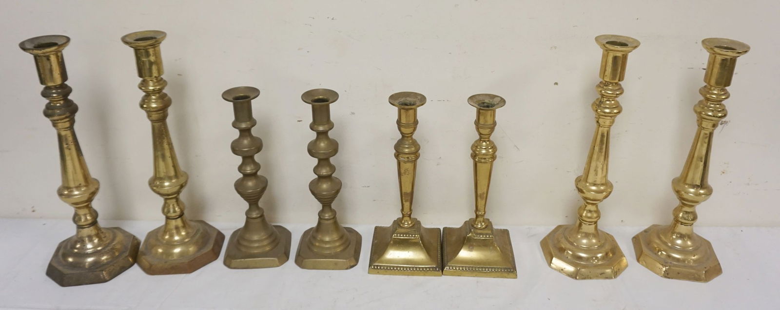 4 PAIRS BRASS CANDLESTICKS (1 of 4)