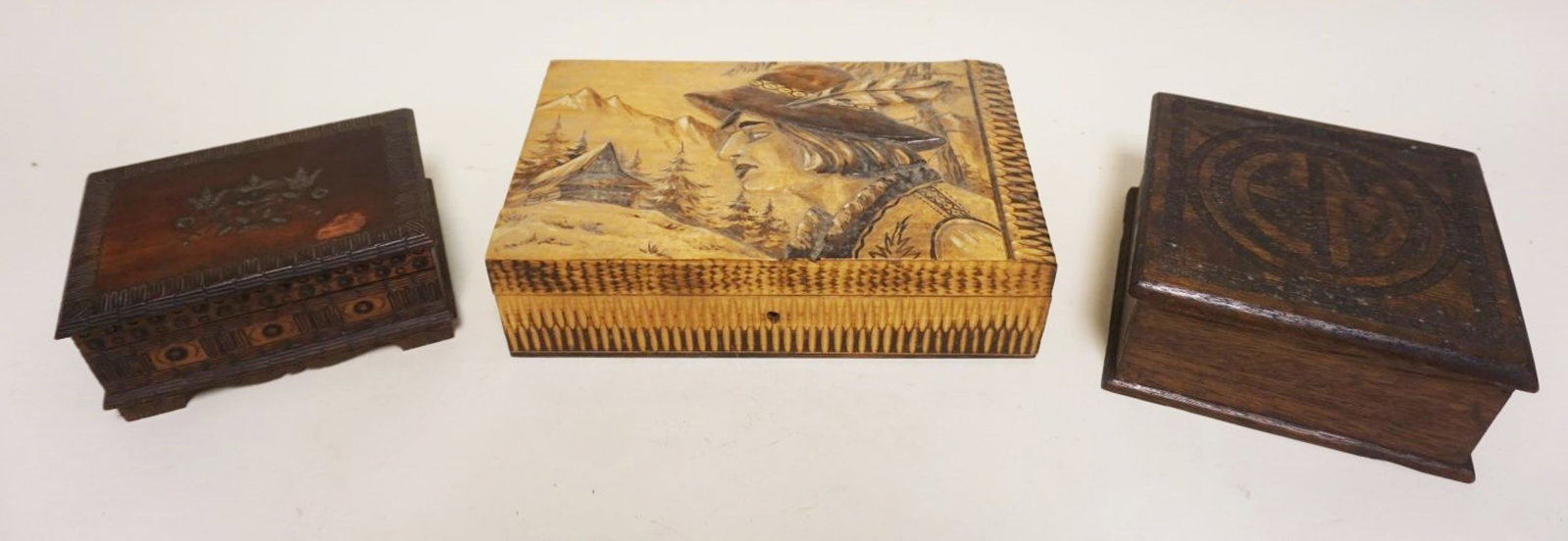 3 CARVED JEWELRY & HANKERCHIEF BOXES: 3 CARVED JEWELRY & HANKERCHIEF BOXES, LARGEST APPROXIMATELY 7 IN X 11 IN X 3 IN