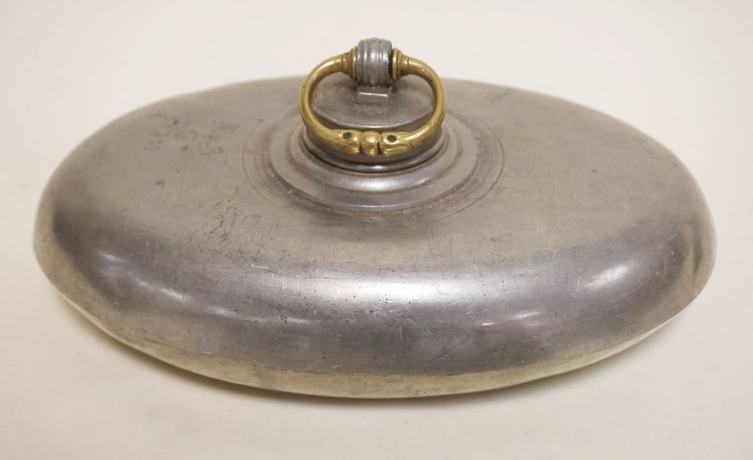 ANTIQUE PEWTER FOOT WARMER: ANTIQUE PEWTER FOOT WARMER, APPROXIMATELY 12 IN X 7 IN X 6 IN HIGH