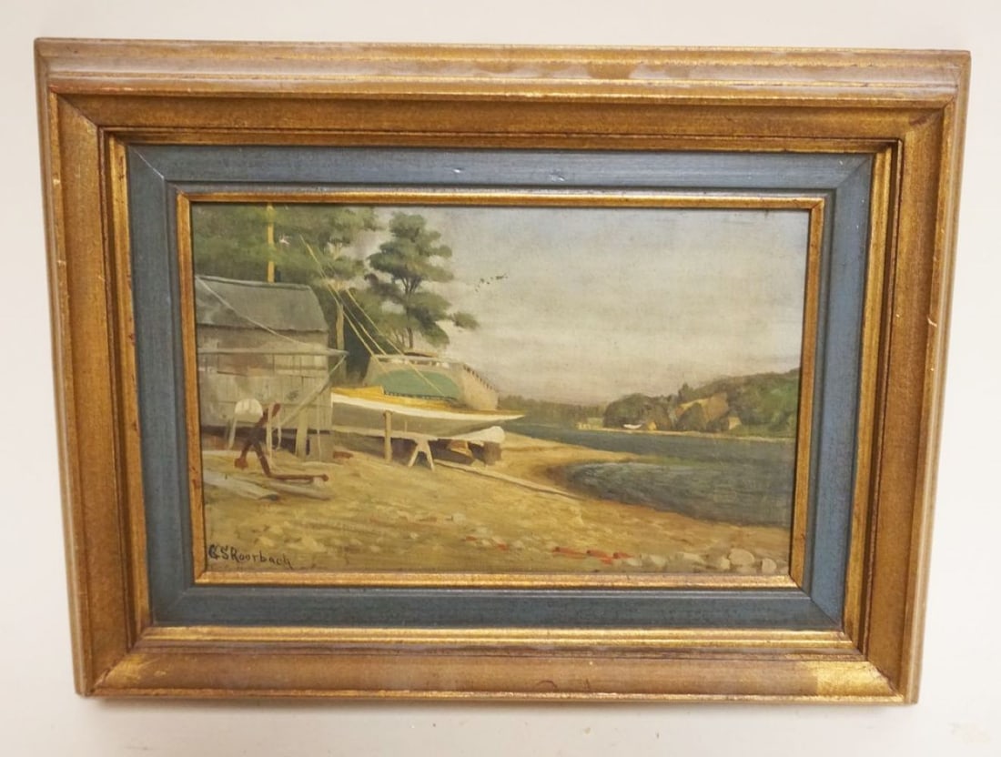 OIL PAINTING ON BOARD: OIL PAINTING ON BOARD ARTIST SIGNED GS RAURBACH SHORE SCENE W/BOAT, APPROXIMATELY 11 IN X 14 IN OVERALL
