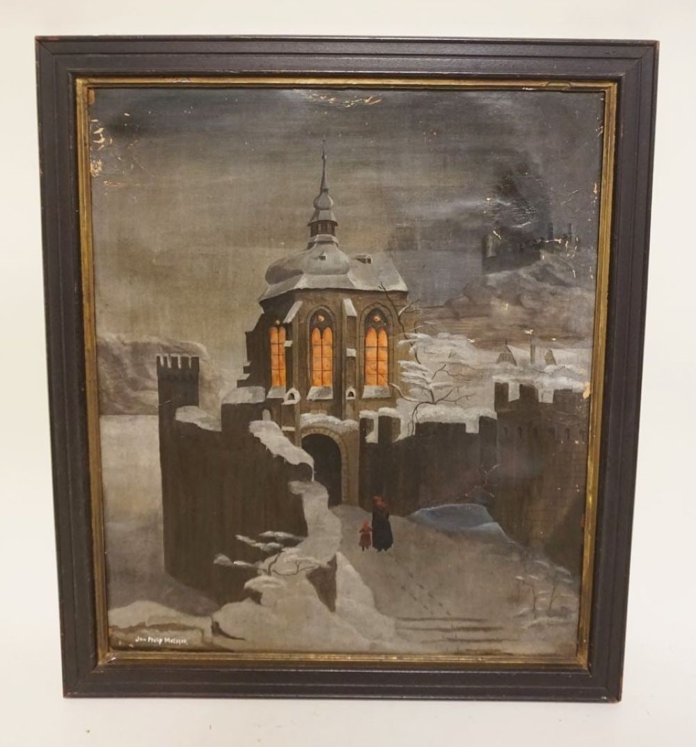 OIL PAINTING ON CANVAS: OIL PAINTING ON CANVAS, WOMAN & CHILD WALKING INTO CASTLE, ARTIST SIGNED JON PHILIP METZGER, OLD REPAIRS, APPROXIMATELY 22 IN X 25 IN OVERALL
