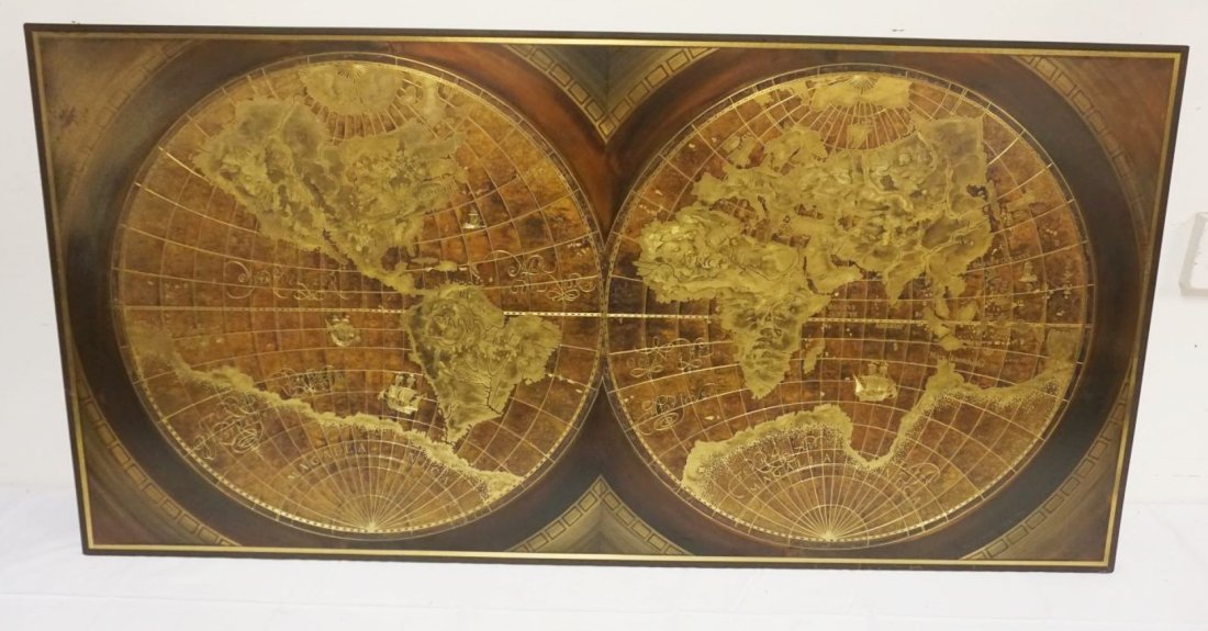 RUDY LECHIETER INLAID BRASS WORLD MAP 1979: RUDY LECHIETER INLAID BRASS WORLD MAP 1979, APPROXIMATELY 24 IN X 48 IN, SOME WEAR TO FINISH ON EDGE
