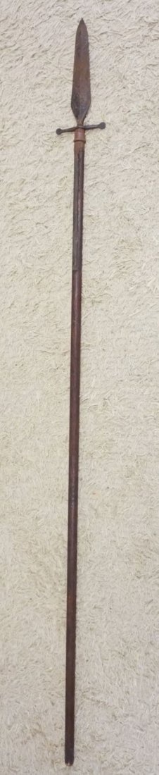VINTAGE WOODEN HANDLED SPEAR: VINTAGE WOODEN HANDLED SPEAR, APPROXIMATELY 90 IN